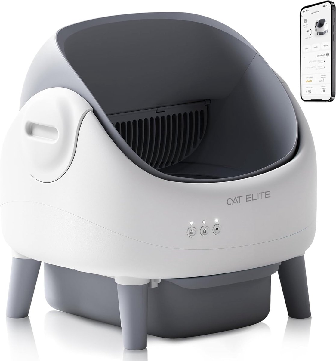 CatElite® - Automatische Kattenbak | Ease - Slimme Kattenbak met App - 15L Afvalbak - Open Design - Incl. Uitloopmat & Geurverdrijver - Veiligheidssensoren - Incl. Verwijderbare Wasbare Voering - Zelfreinigende Kattenbak - Wit van CatElite