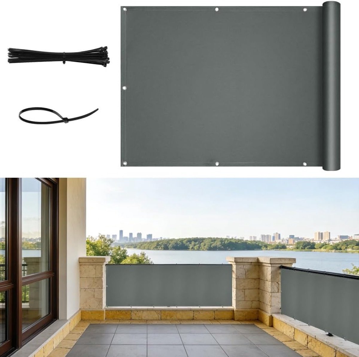 SnelShoppen - Balkon Privacy Scherm 90 x 500 cm - Opaque Tuin Schutting met Oogjes en Kabelbinders - 160 g/m² UV Bescherming en Weerbestendig - Balkon