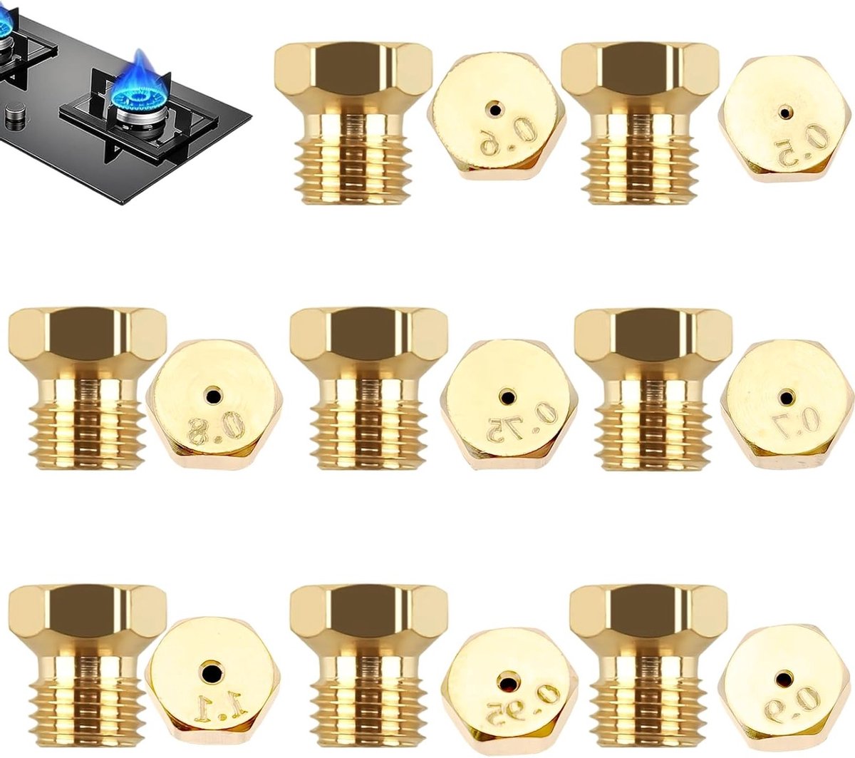 Set van 16 Propaan Gasbrander Mondstukken, M6 x 0.75 Draad, Geschikt voor BBQ en Kooktoestellen, 0.95/1.1 mm, Duurzaam en Efficiënt