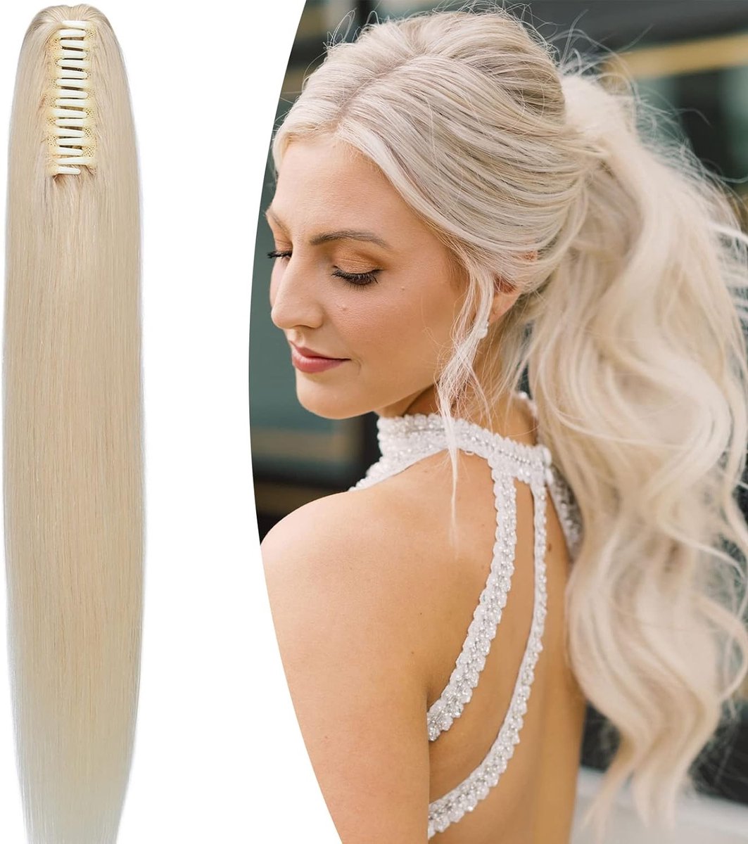Ponytail Extension 14 inch van Menselijk Haar in Platina Blond - Clip in Remy Haarstuk voor Vrouwen, Natuurlijke en Rechte Look (105g)