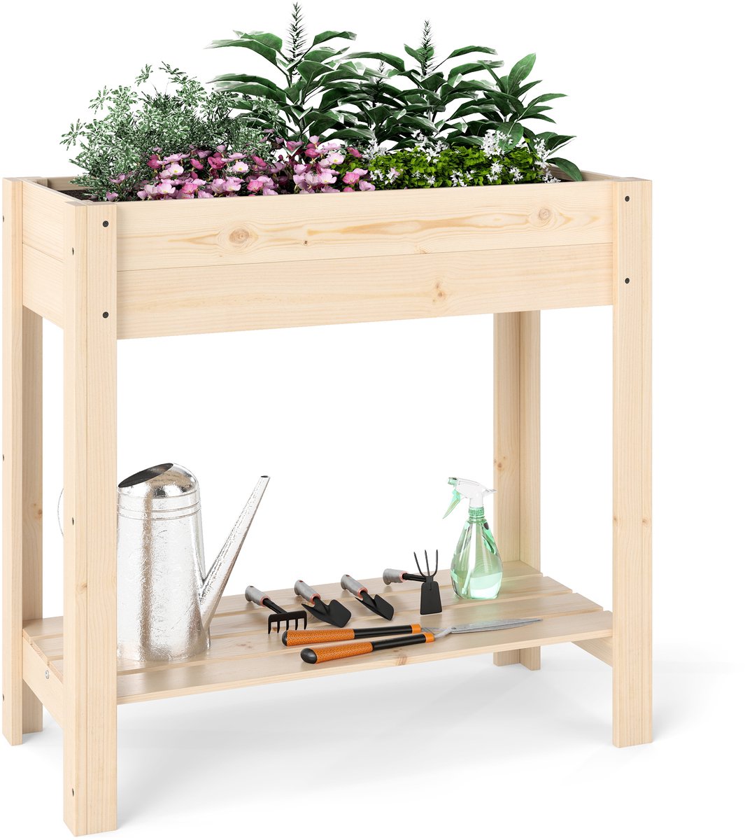 COSTWAY Verhoogd tuinbed met plank, verhoogde houten plantenbak, plantenbak met drainage, grote groente- en kruidentuin, voor balkon, tuin en terras, 81 x 37 x 77 cm, naturel