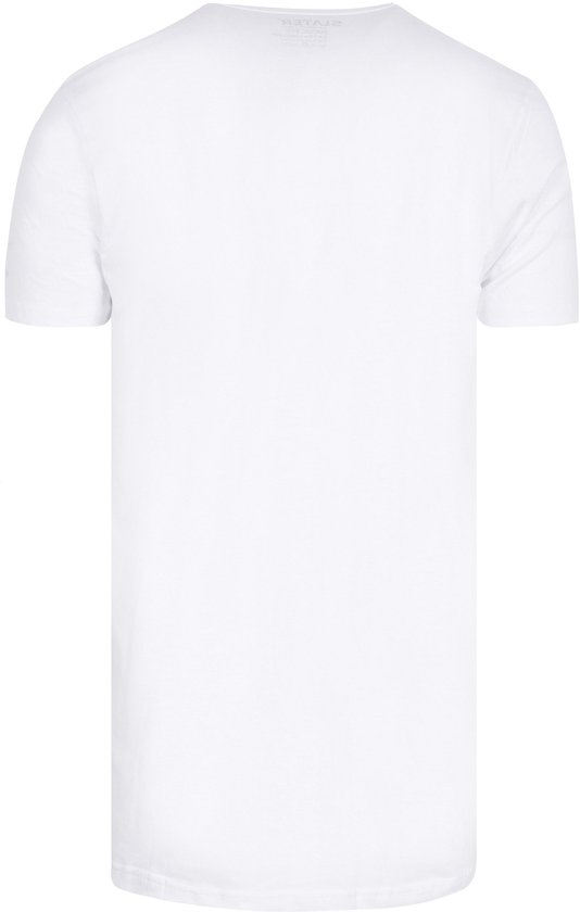 Achterkant van een wit V-hals T-shirt met korte mouwen, basic fit, van Slater.