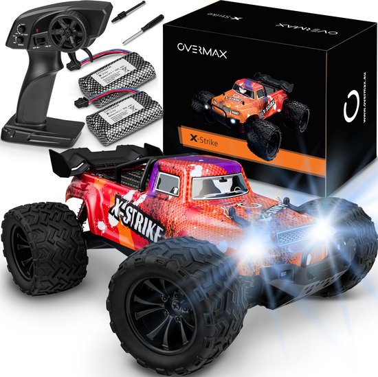 Overmax X-Strike Bestuurbare Auto - 30 km/h - 2 accu’s - 4x4 - 1:16 - Bereik 100m - LED’s - Versterkte Constructie - Offroad Monstertruck - RC Auto Volwassenen & Kinderen - Afstandsbestuurbare Auto voor Buiten - Monster Truck