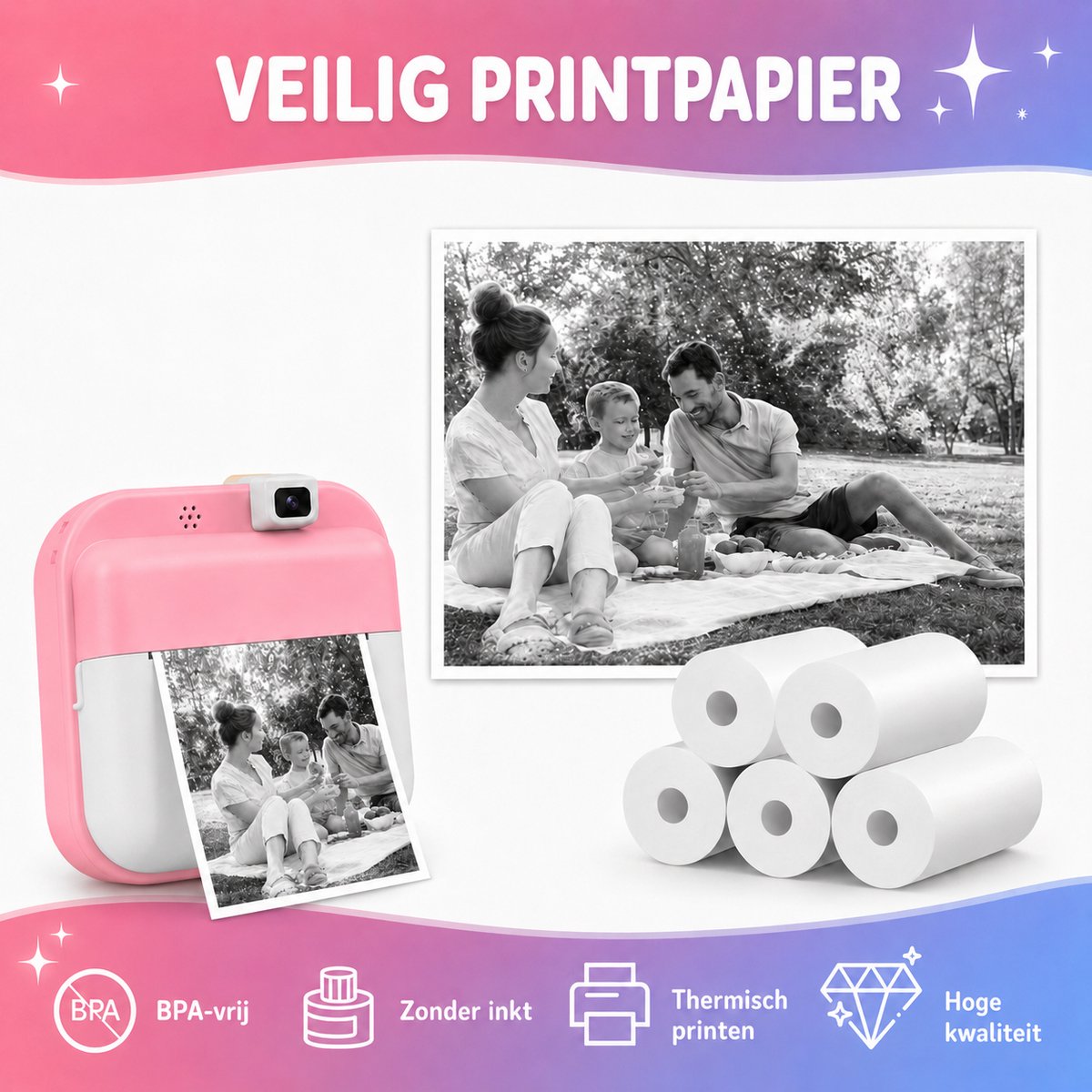 Luumuu® Thermische Printrollen Set Van 5 - Navulling Voor Digitale Kindercamera Met Foto Printer - Papierrollen - Printpapier - Goed voor 350 Foto's - Wit - BPA-Vrij - Incl. Stickervel — afbeelding 3