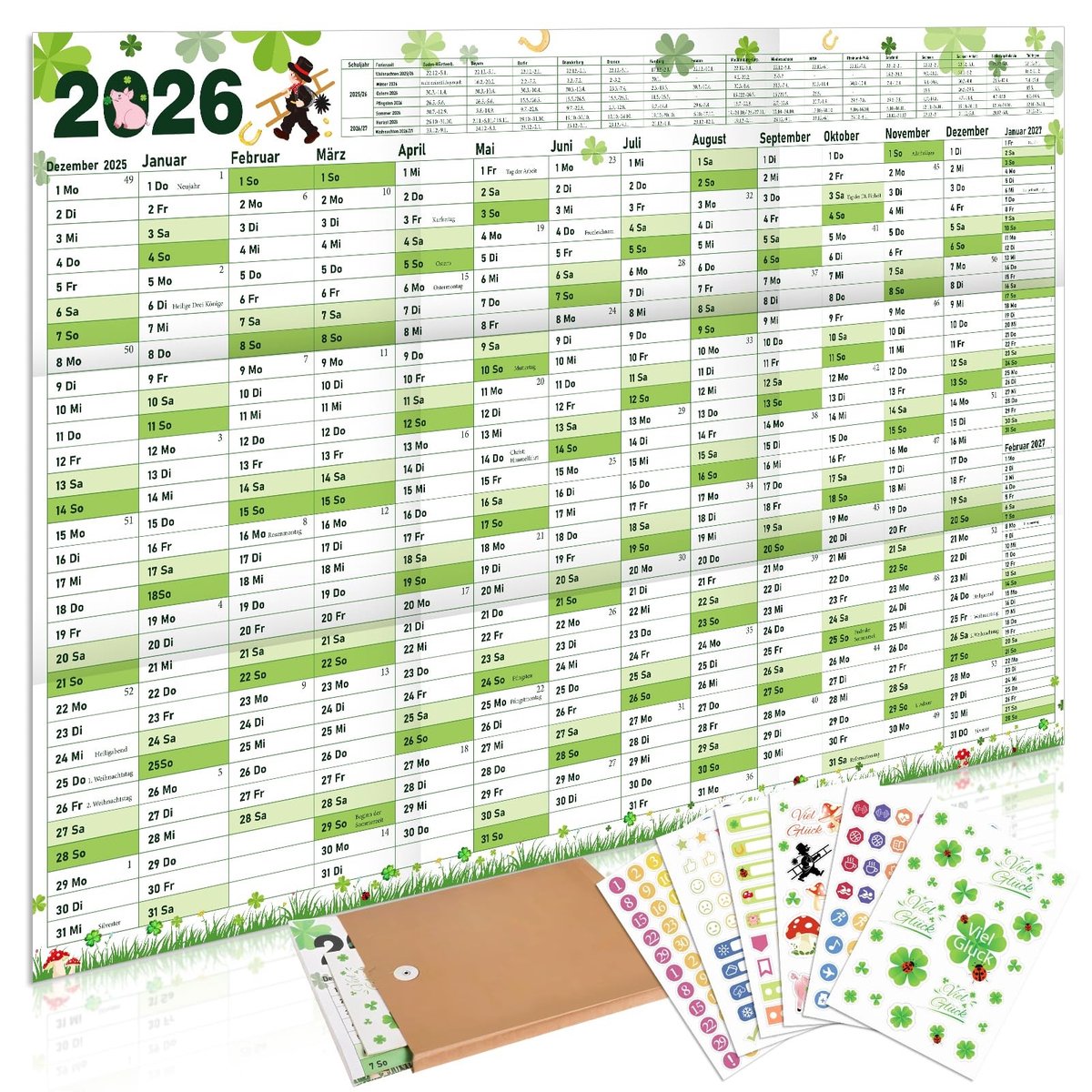 Dailygoods- Wandkalender 2026 Groot (98 x 68 cm) - Jaarkalender - Klaverblad/Hoefijzer - Poster - Opgevouwen