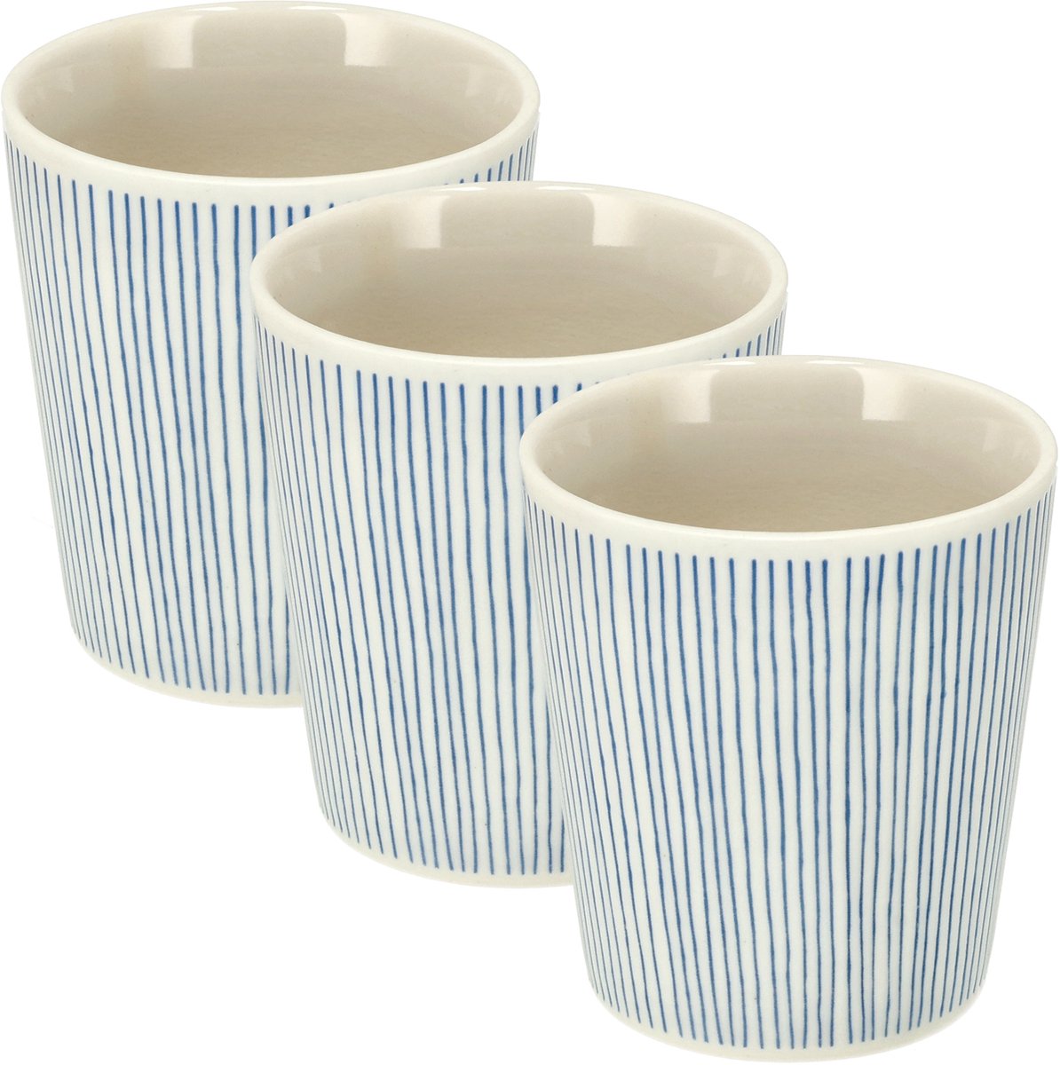 Koffiekopjes Set van 3 – Espresso Kopjes 200 ml Zonder Oor – Keramische Koffiemokken Blauw Wit – Strepen Patroon Cappuccino Bekers en Theekopjes