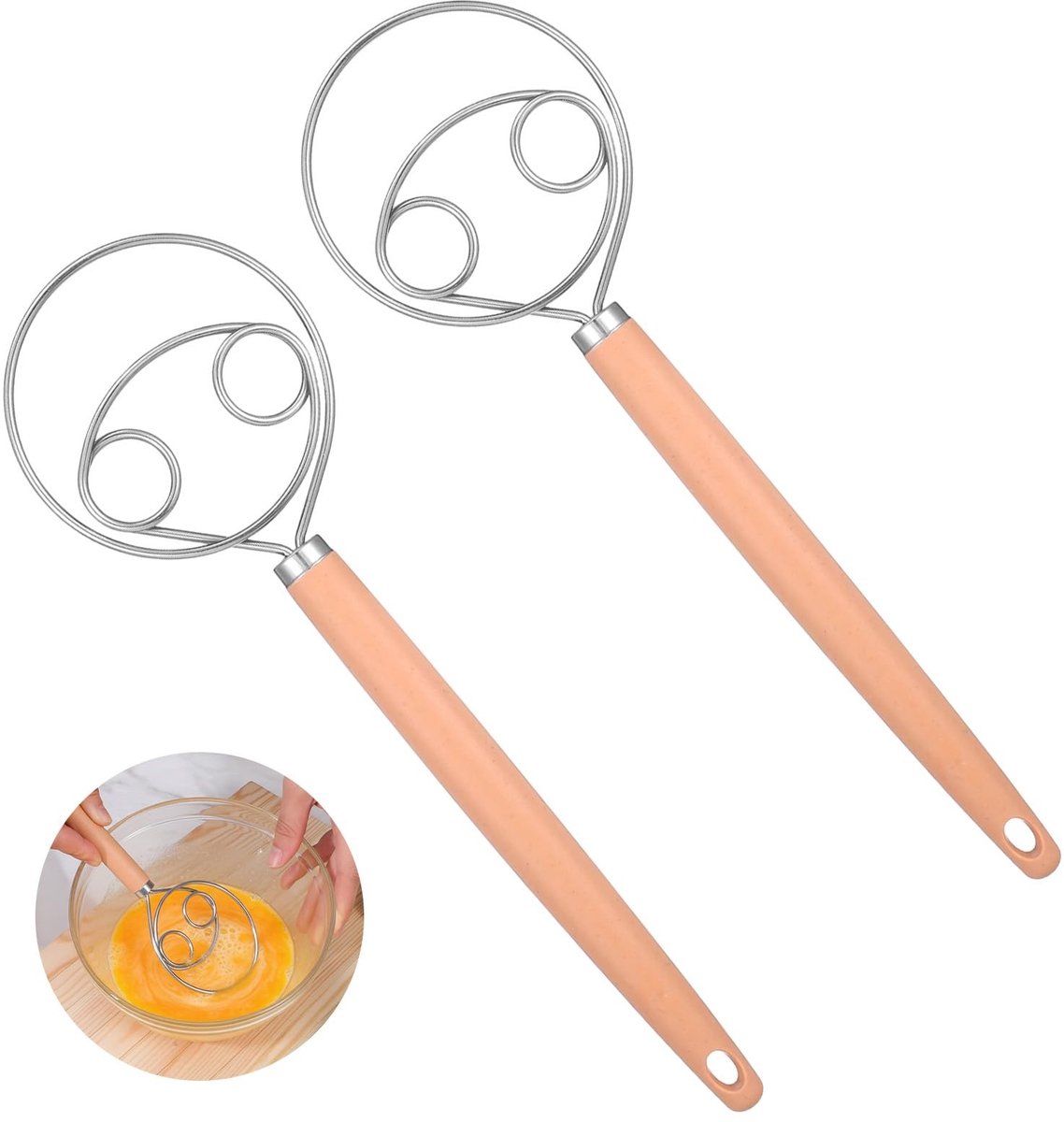 Dailygoods- Deegbezem Roestvrij Staal - Houten Handgreep - 2-Delige Set - 34 cm - Efficiënt Mengen - Voedselveilig Materiaal - Deegmenger