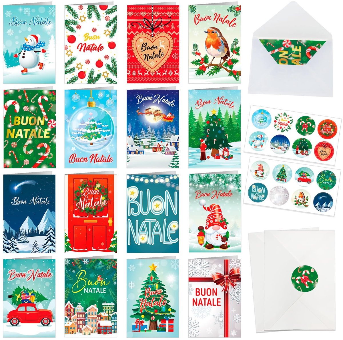Dailygoods- Kerstkaarten Set 16 Stuks - Italiaanse Kerstkaarten - Met Enveloppen - Inclusief Stickers - Vrolijk Kerst - Uniek Design - Wenskaarten