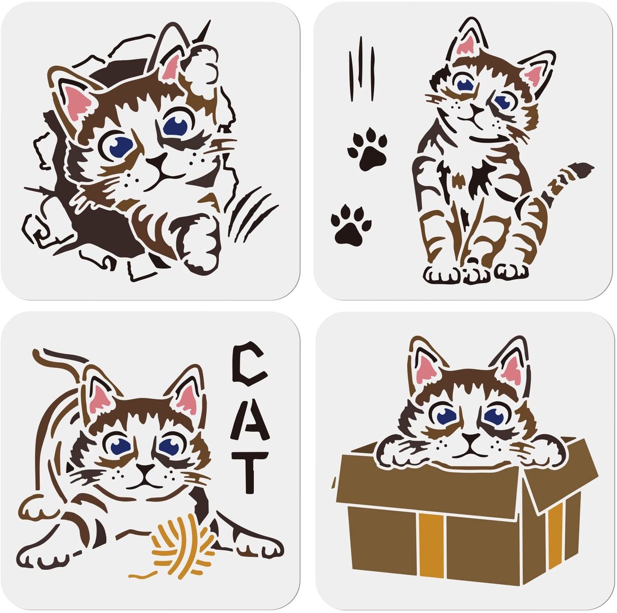 Dailygoods- Kattensjablonen 4 Stuks - Schilderen 8 × 8 Inch - Kattenpoot Print - Wasbaar PET Materiaal - DIY T-shirt - Houten Muur Decor - Schilderstencils