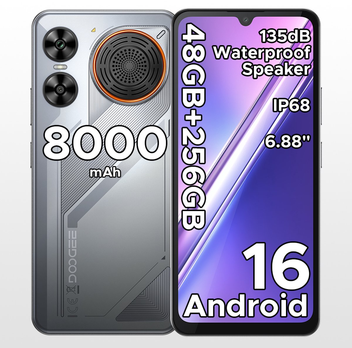 Robuuste smartphone - DOOGEE M30 - Telefoon 2026 - 6,88" 120Hz - 48GB RAM - 256GB ROM - 8000 mAh - Android 16 - IP68 waterdicht - 135dB spreker - GPS,NFC,OTG,FM - Zilver