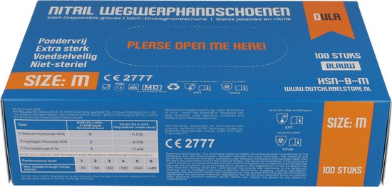 Doos met blauwe nitril handschoenen, maat M, 100 stuks. Met informatie over EN-normen.