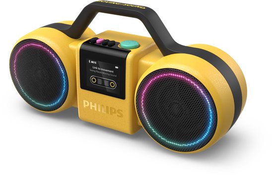 Gele Philips speaker met zwart handvat, gekleurde LED-ringen en een display in het midden.