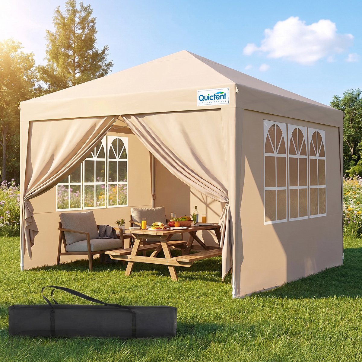 Quictent Opvouwbaar Partytent 3x3m – Waterdicht Tuinpaviljoen met 4 Zijwanden, UV 50+ & Incl. RolTas – Khaki