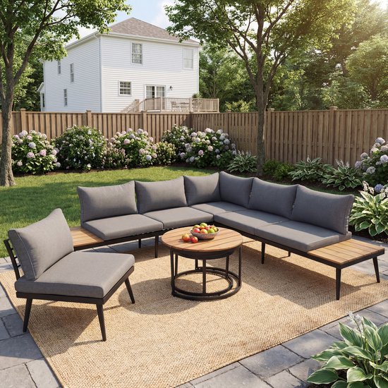 Ensemble de jardin 6 pièces avec structure en fer galvanisé, ensemble de salle à manger pour 5-6 personnes, 2 bancs, 2 chaises, 2 tables