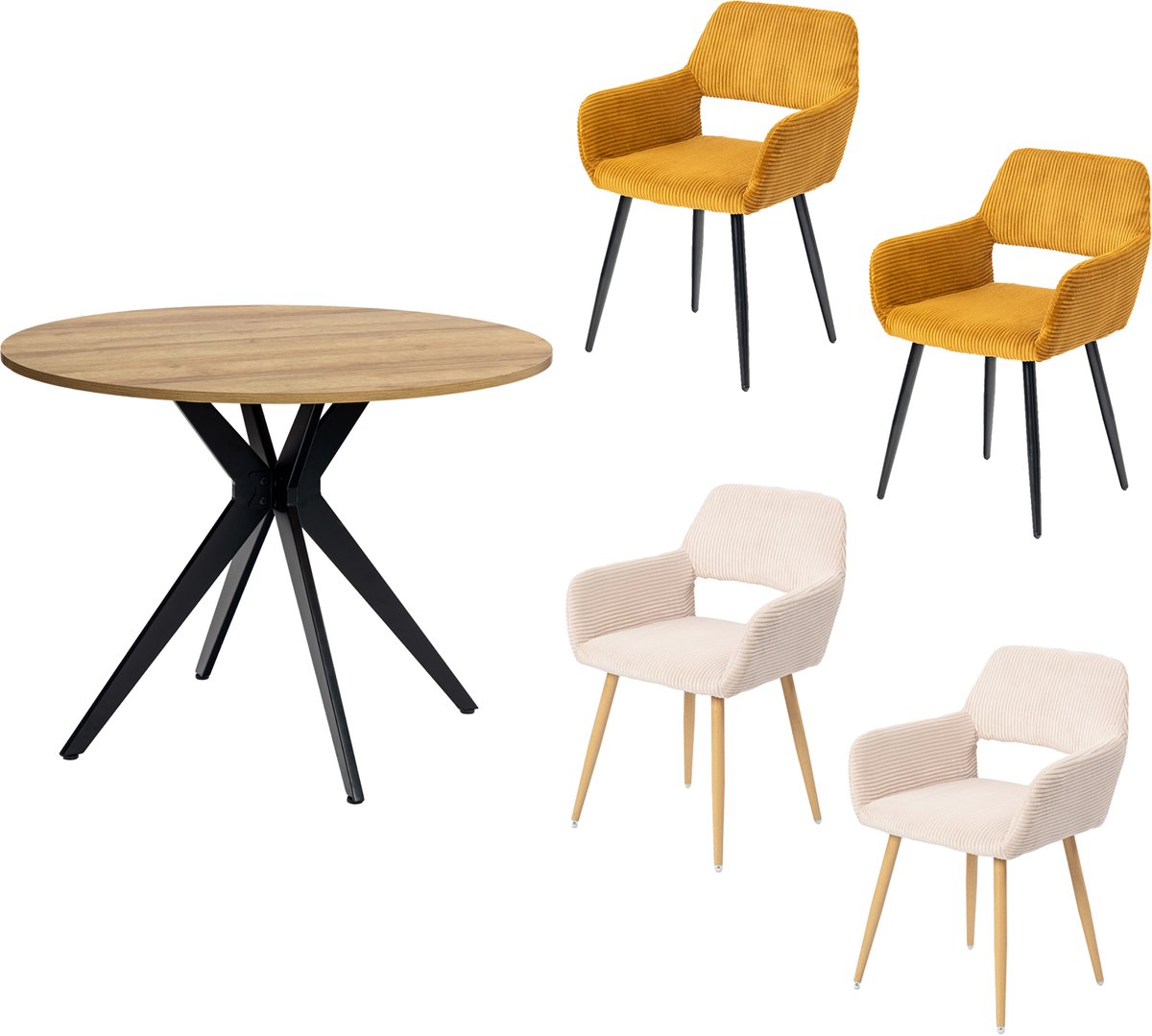 Eethoeken - 5-delig Ronde tafel 100cm Met Fauteuils - Beige/Geel