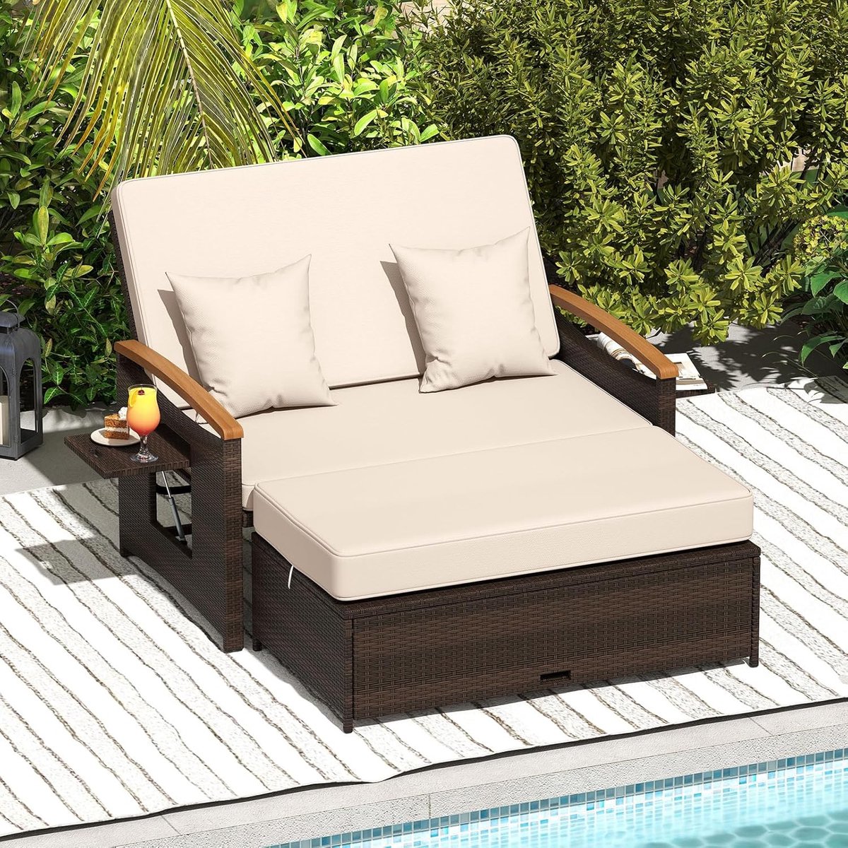 Tuinbank met Ligfunctie 166x164x54,5 cm Polyrotan Tweepersoons Zonnebed met Verstelbare Rugleuning, Uitklapbare Zijtafels, Voetenbank, Inclusief Kussens en Opbergruimte Beige - Mobili Bella