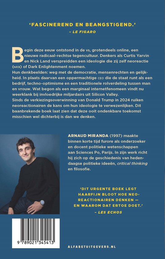 Dos du livre : 'Dark Enlightenment' avec du texte et une photo d'Arnaud Miranda.
