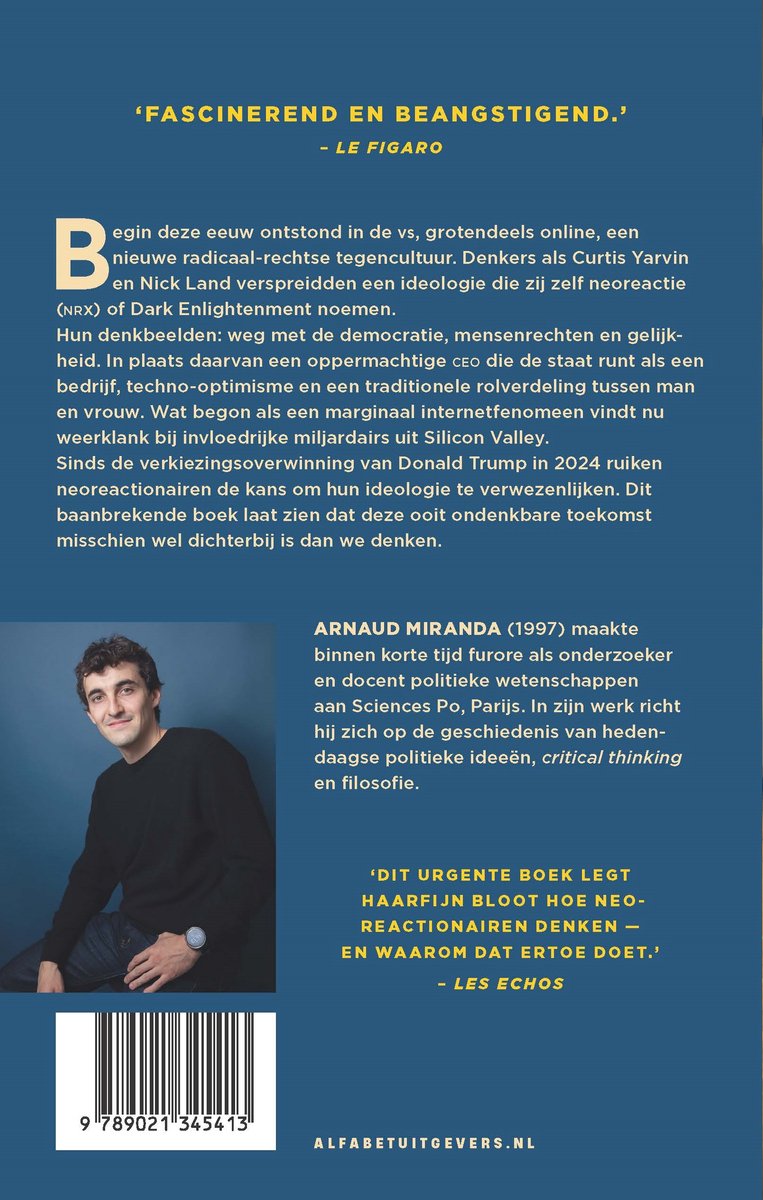 Dos du livre : 'Dark Enlightenment' avec du texte et une photo d'Arnaud Miranda.