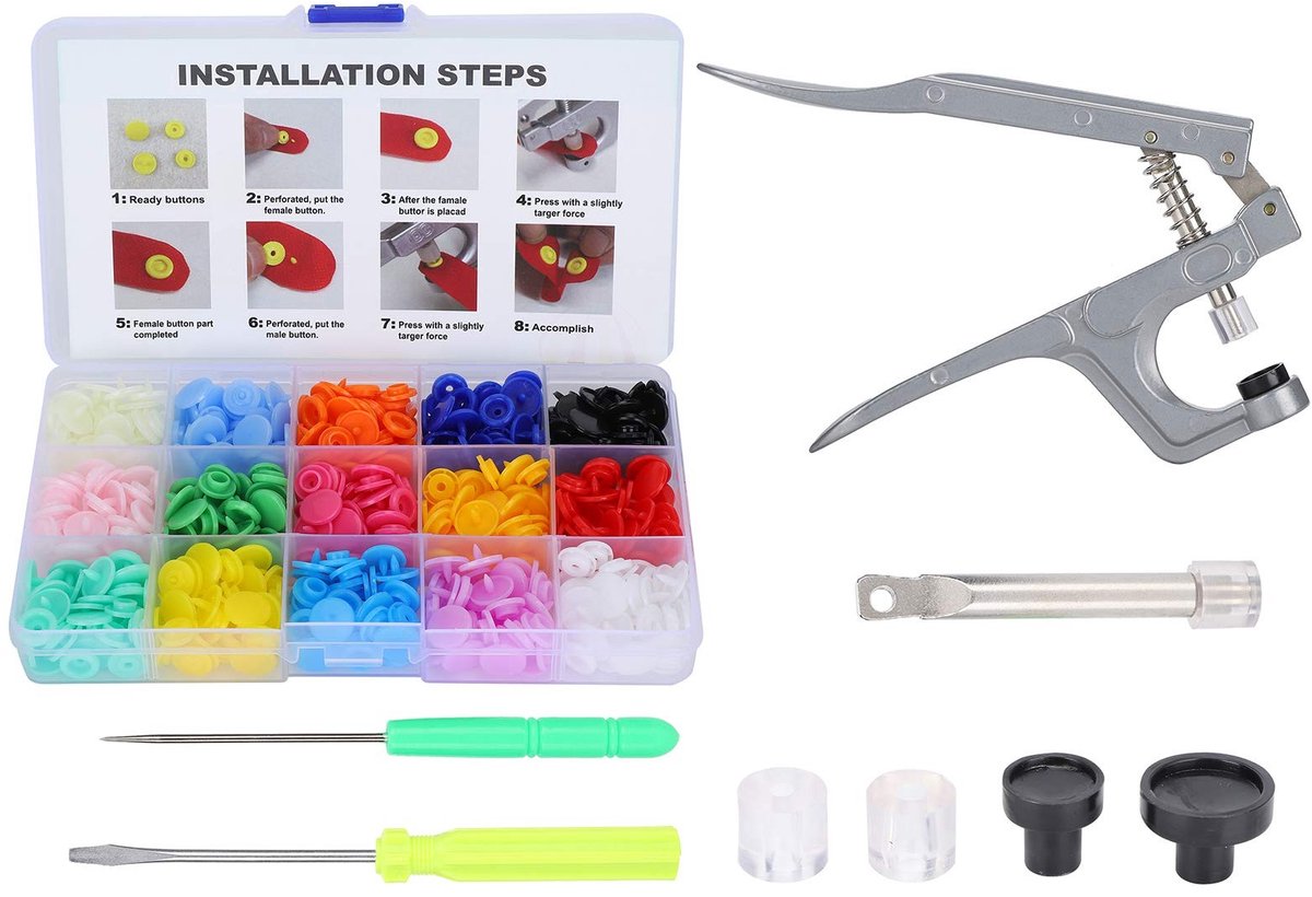 Dailygoods- Drukpers Professionele Tang - Drukkers - Drukkerset met Tang - Snap Fasteners - Kleding Naaien - 15 Kleuren - Snaptool