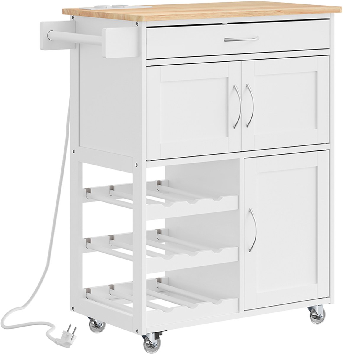 SoBuy Keukenwagen - Wit - Met uitschuifbare stekkerdoos, draadloos opladen en wijnrek - 87x37x75 cm | FKW45-E-WN