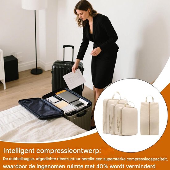 Compressie Packing Cubes - Reis Opbergzakken - Kleding Organiseren - Dubbele Ritsen - 4 Stuks Set - Beige — afbeelding 4