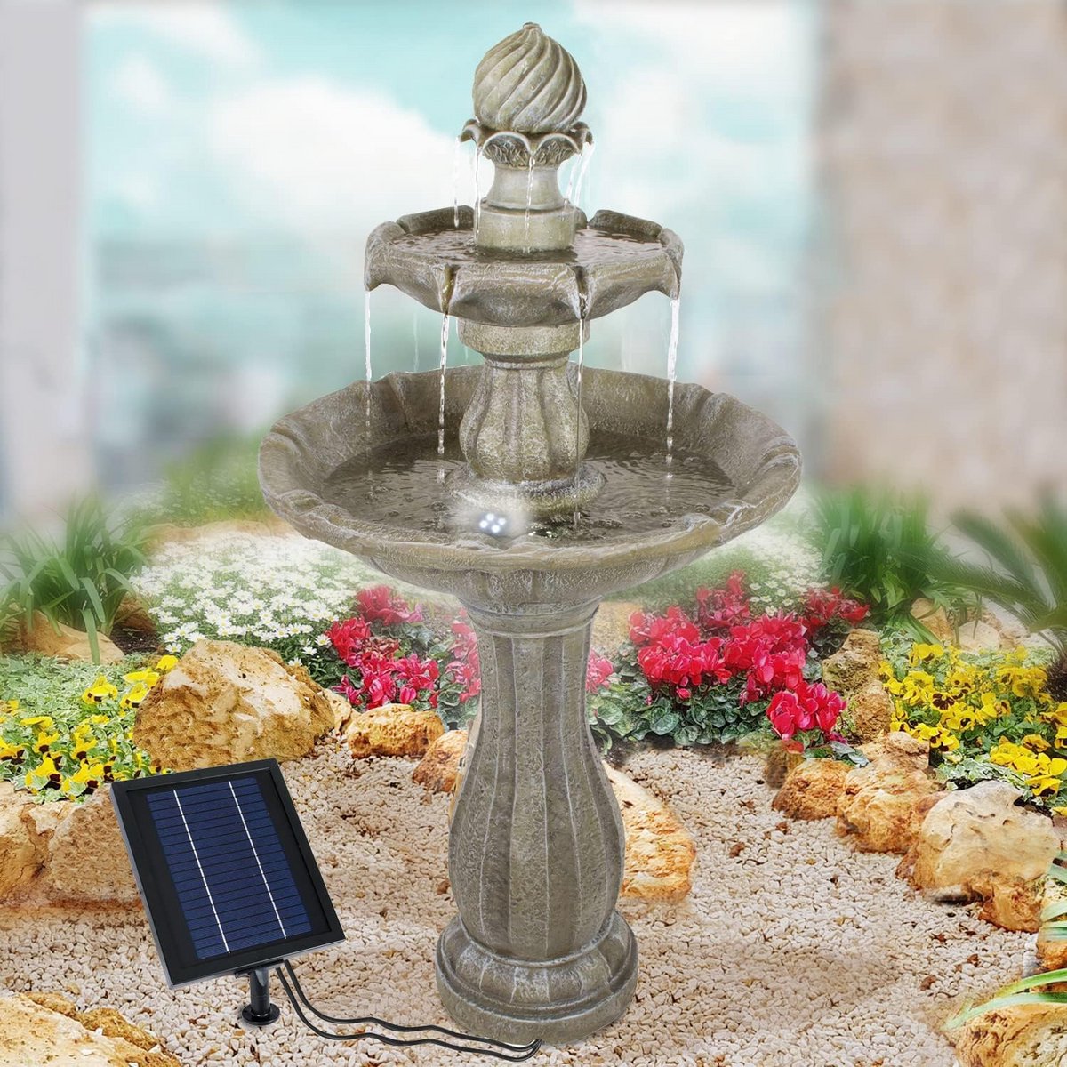 Tuinfontein, zonnefontein, Klassik-Garten tuinfontein, vogelbad, waterval, tuindecoratie met pomp, waterpartij voor tuin, terras, balkon, zeer decoratief, LED-licht tuinlamp