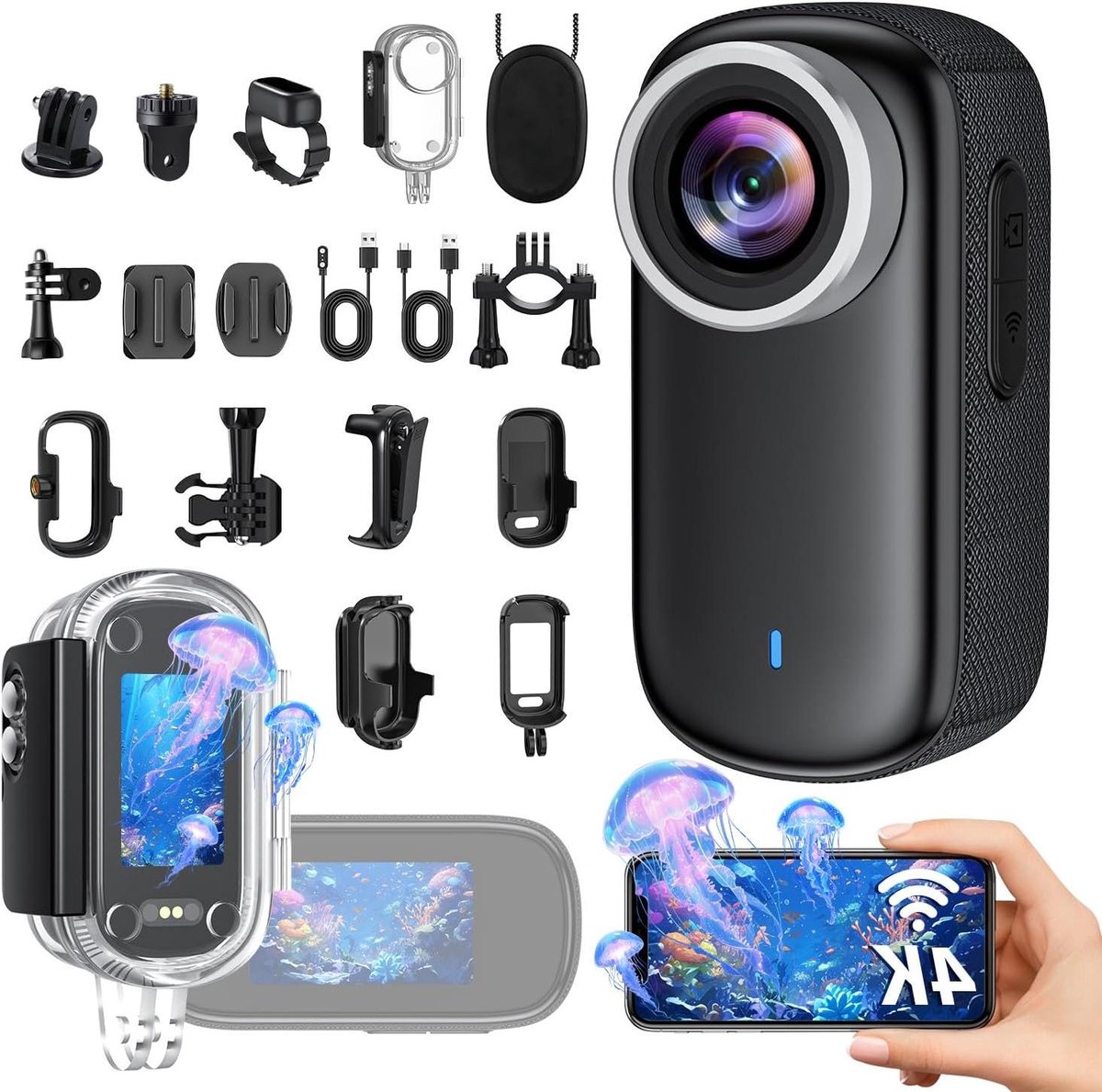 Mini Action Cam 4K WiFi, 32GB Body Cam with Screen, 150° Underwater Camera, 30 Metres, Small Sports Camera, Motorcycle, Helmet Camera, Action Camera, Vlog, Video Camera, Multifunctional Accessories