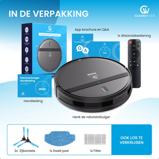CleanWise Henk Robotstofzuiger – Nederlands Product – Voor Huisdieren – Met Dweilfunctie & Laadstation – Dweilrobot – 4500 Pa – HEPA 14 – Ultra dun 7,4 cm – App & Spraakbediening – Voor Huisdierharen, Harde Vloeren & Tapijt
