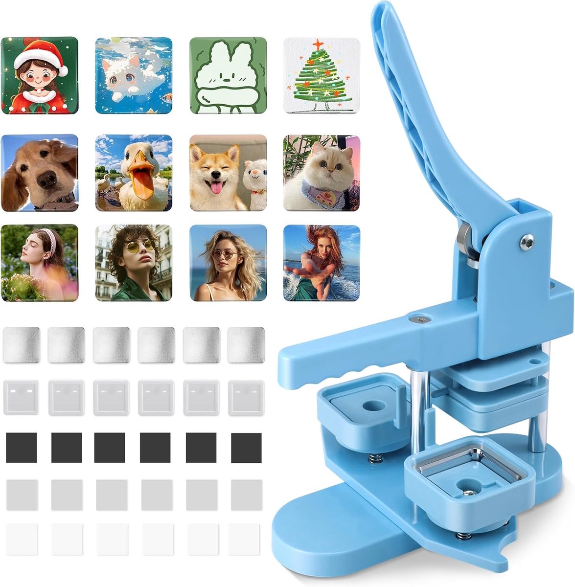 KEYSAFER Vierkante koelkast-magneetknopset – doe-het-zelf steekmachine 50 x 50 mm met 100 accessoires – professionele badgepers voor fotobuttons en magneten