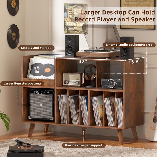 Platenspeler Tafel - Platenspeler Standaard - Vinyl Opbergkast voor 450+ Elpees - Grote Platenkast met Nu Afspelend Display - Vinyl Storage Meubel - Audiomeubel & Platenspeler Meubel - Platenhouder voor Woonkamer & Muziekkamer — afbeelding 4