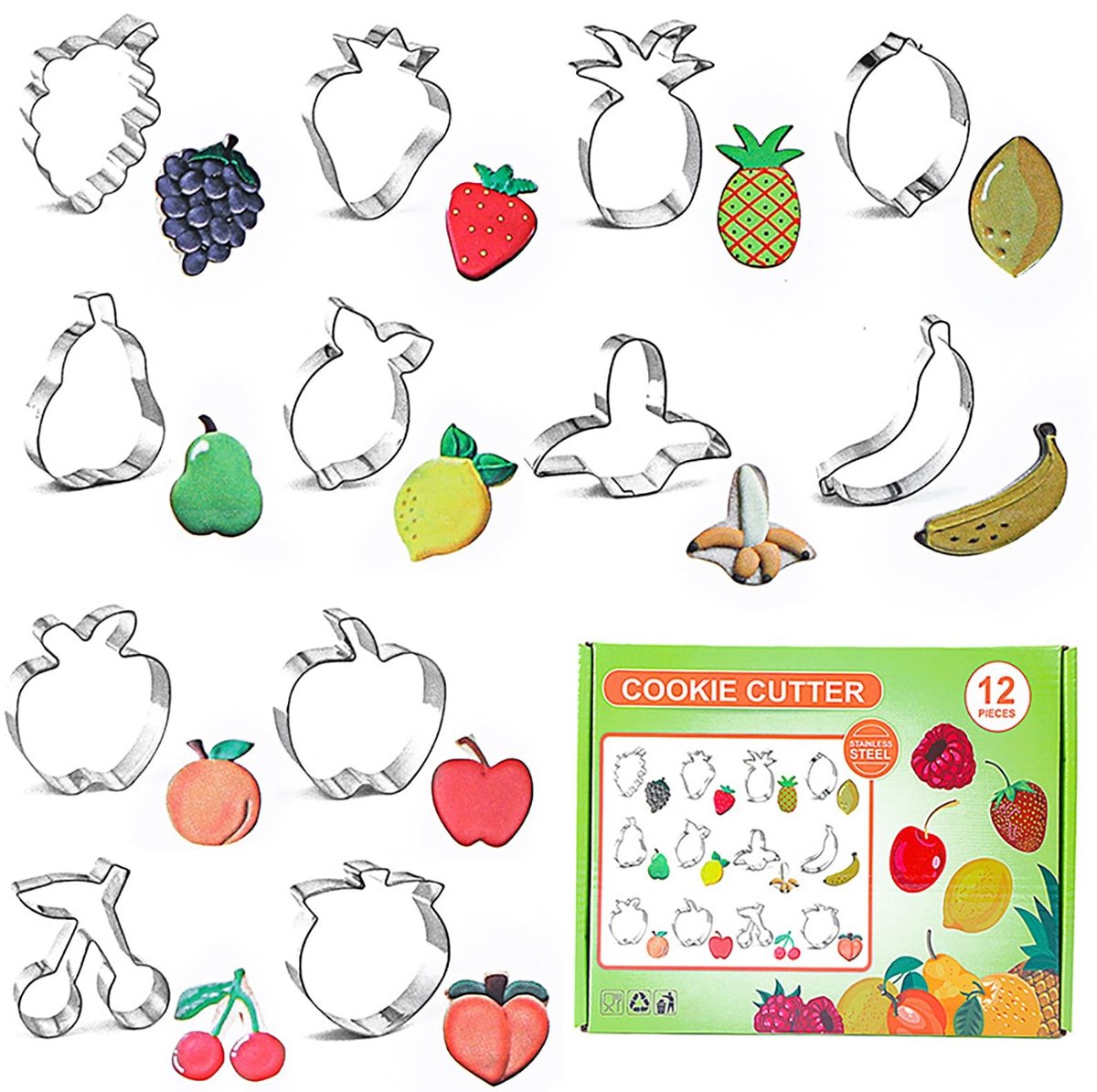 Dailygoods- Koekjesuitsteekvormen 12 Stuks - Roestvrij Staal - Aardbei/Citroen/Kers - Bakvormen - Fondant/Deeg - Vaatwasmachinebestendig - Duurzaam en veelzijdig - Uitsteekvormen
