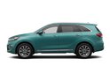 Turquoise Kia Sorento SUV met deuren, ramen en velgen zichtbaar, op een witte achtergrond.
