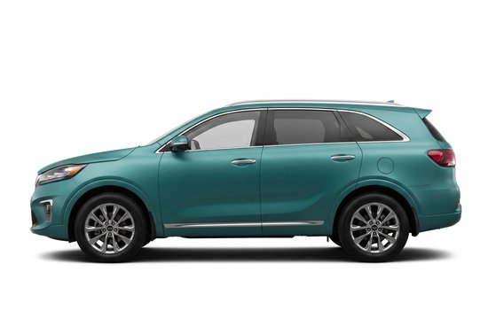 Turquoise Kia Sorento SUV met deuren, ramen en velgen zichtbaar, op een witte achtergrond.
