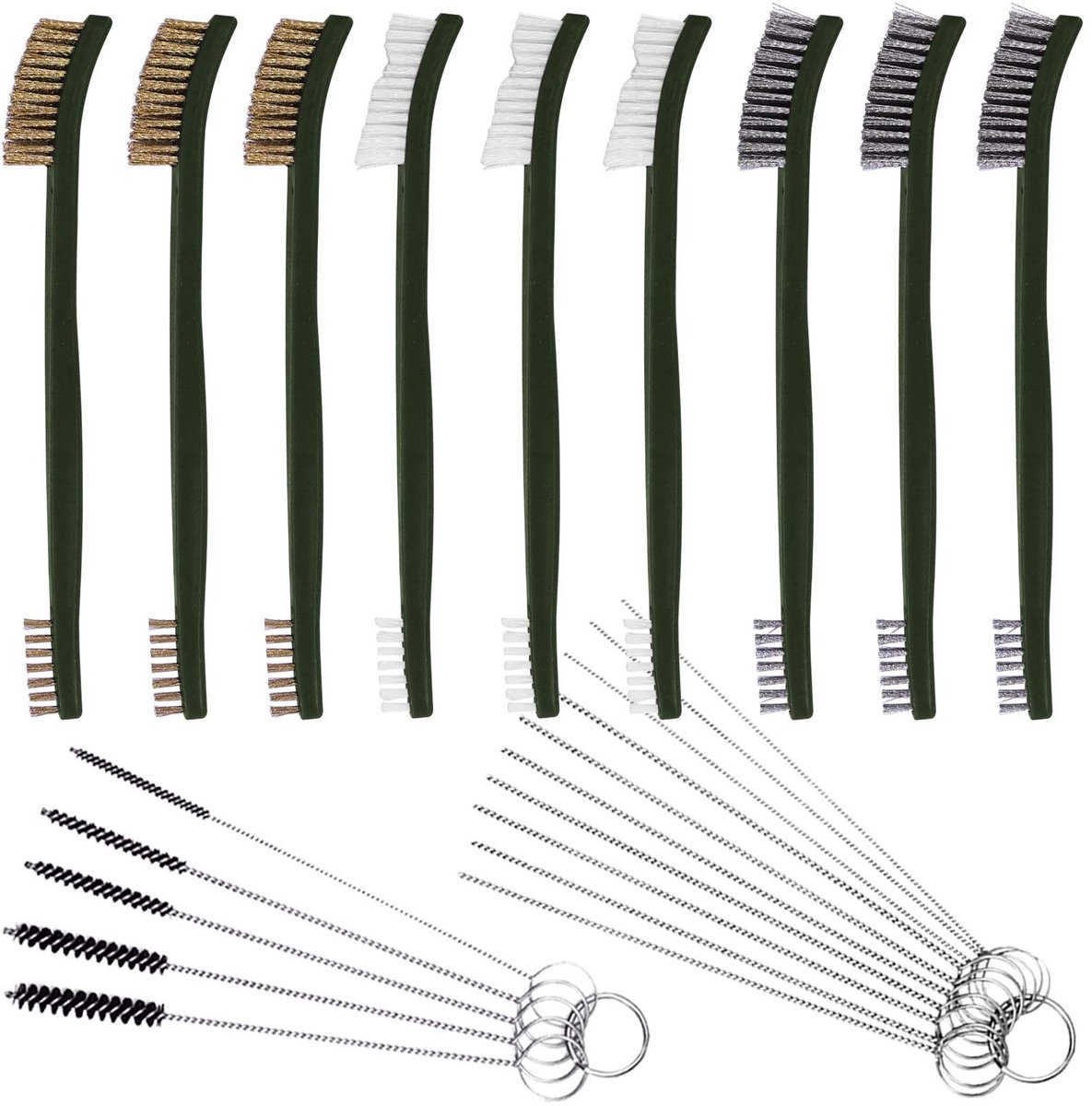 Dailygoods- Borstels Set van 9 - Messing/Stalen/Nylon Borstels - Carburateur Reinigingsset - Draadborstelset - 17 x 2 cm - Dubbele Kop Ontwerp - Reinigingsborstels