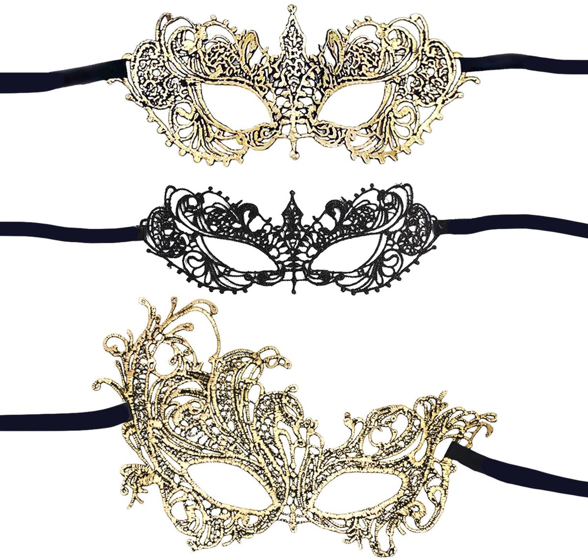 Dailygoods- Masker Set van 3 Stuks - Kanten Masker - Zwart/Goud - Geschikt voor de Meeste Mensen - Elegante Pasvorm - Retrostijl - Feestmasker