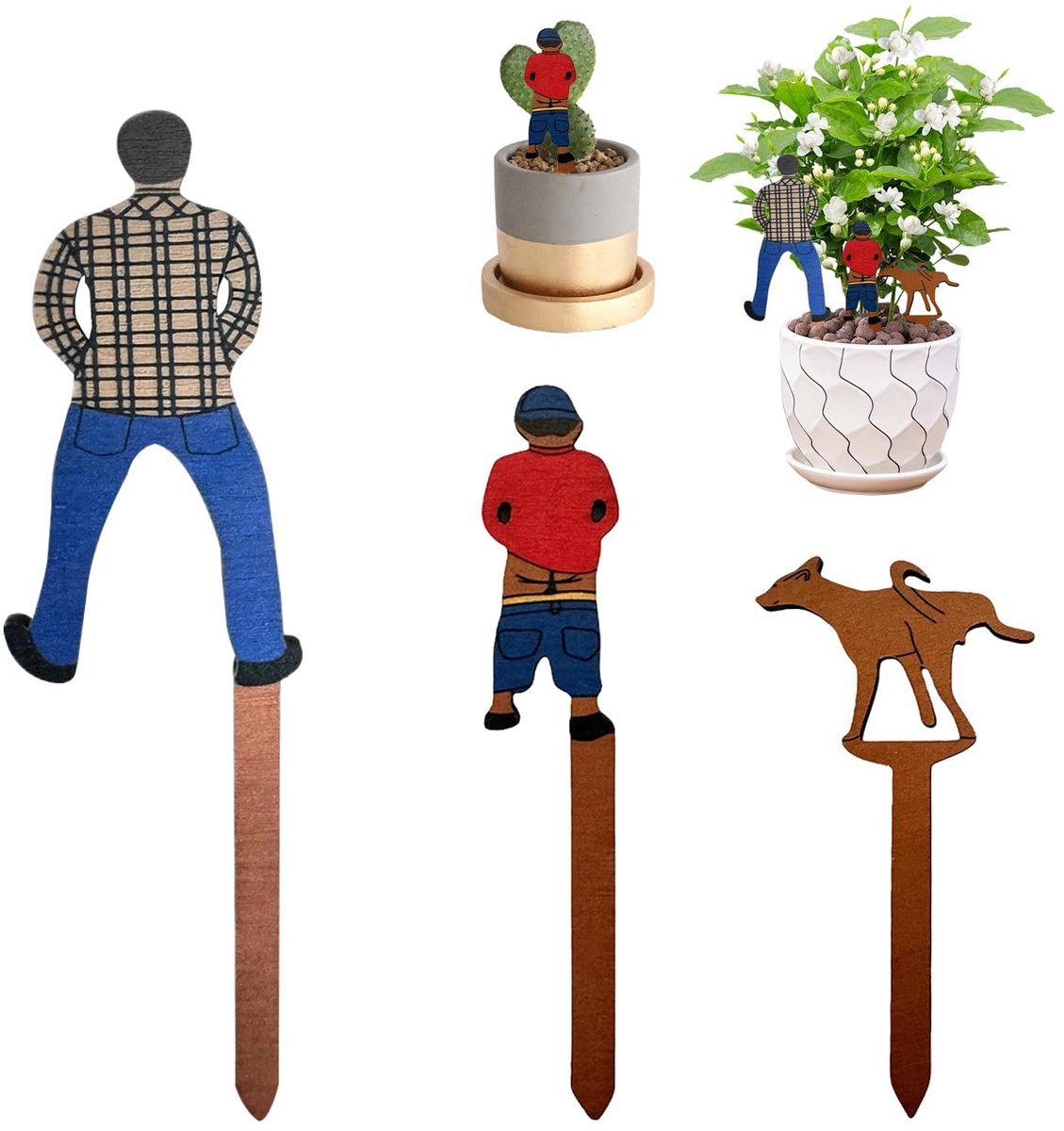 Dailygoods- Decoratieve Staven - 3 Stuks Houten Tuindecoratie - Bloempotten Decoratie - Tuin voor Potplanten - Milieuvriendelijk - Cartoonafbeelding