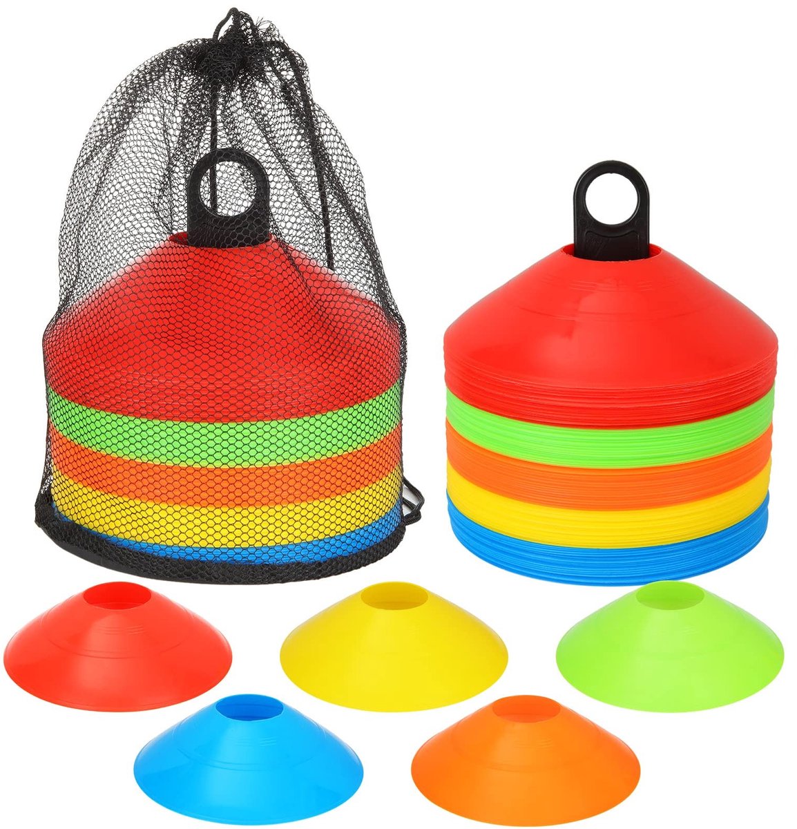 Dailygoods- Markeringhütchen 100st. - Sportset voor Voetbal/Hockey/IJsloop/Handbal - Houder - Netzak - 5 Kleuren - Sportpetjes