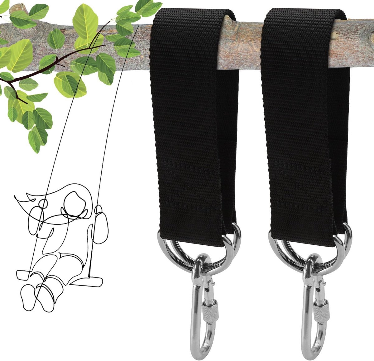 Dailygoods- Schommelbevestiging Weerstaat tot 200 kg - Schommelophanging - Hangmat bevestiging - Ophangriem - Karabijnhaken - Duurzaam nylon en roestvrij staal - Hangmatbevestiging