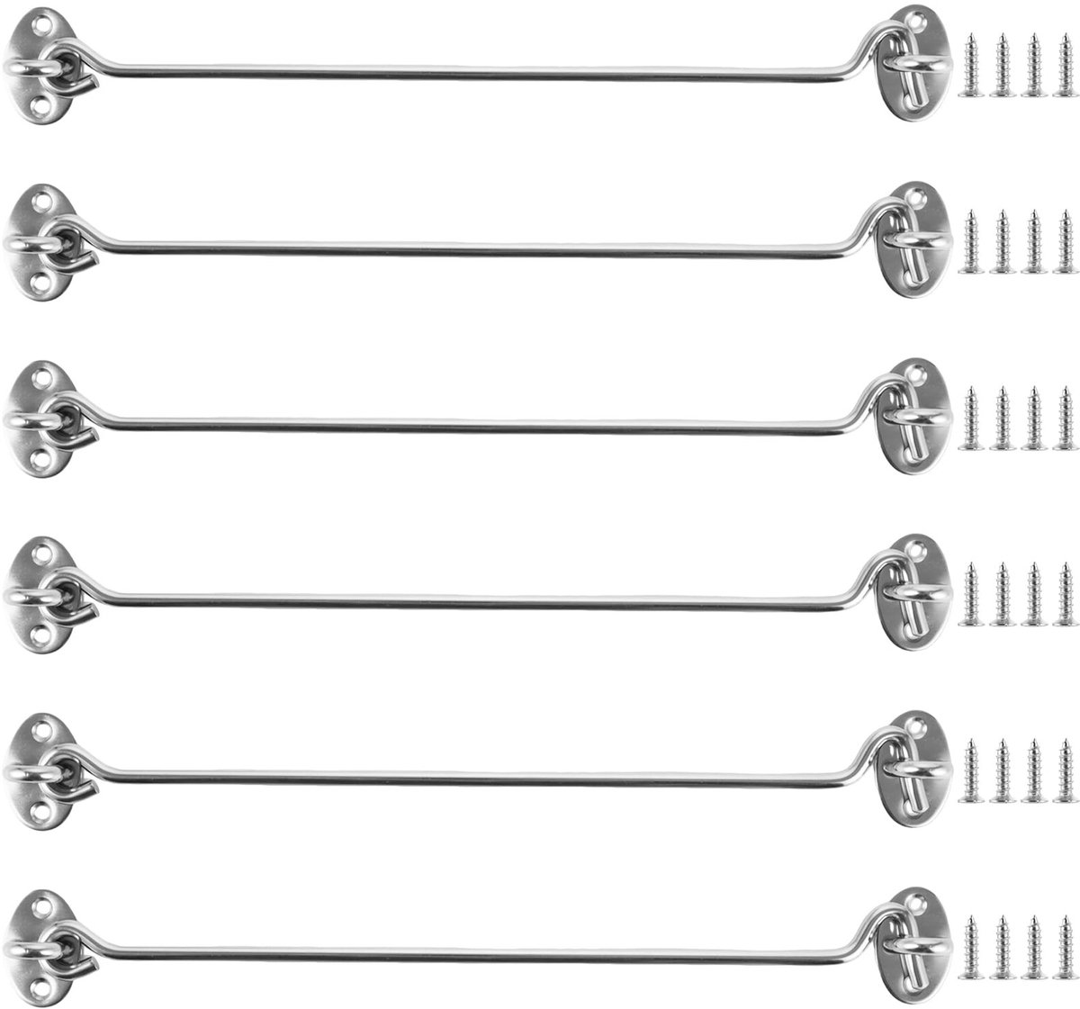 Dailygoods- Stormhaak 30 cm - Set van 6 - Roestvrij Staal - Met Oog - Voor Deuren/Ramen - Inclusief 24 Schroeven - Deursluiting
