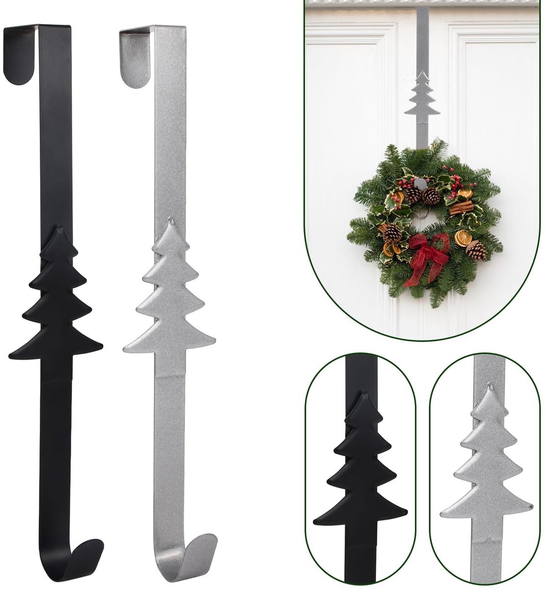 Dailygoods- Krans-hangers 2 stuks - Deurhaken - Roestvrij staal - Decoratief - Zilver/zwart - Maximaal draaggewicht 10 kg - Deurhaak