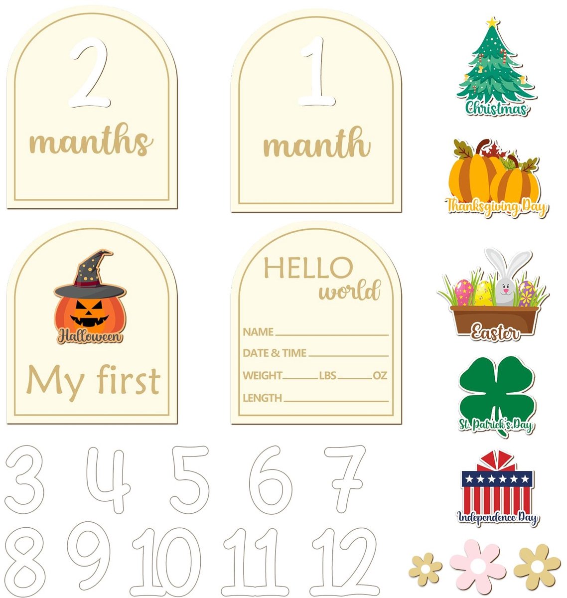 Dailygoods- Mijlpaalkaarten Houten Set - Maandelijkse Mijlpaal - Baby Aankondiging - Dubbelzijdige Borden - Magnetisch Ontwerp - 1 tot 12 - Babyfoto's