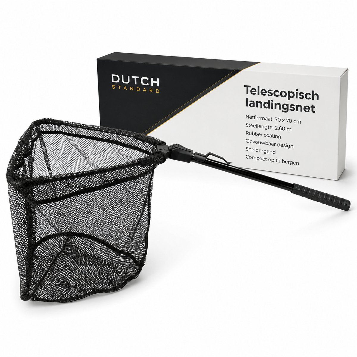 Landingsnet Telescopisch – Opvouwbaar Schepnet 35 x 35 cm – Rubber Coating – Zwart