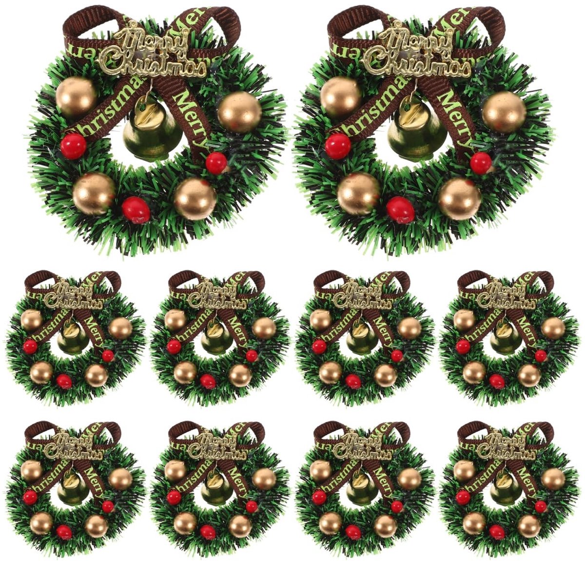 Dailygoods- Kunstkerstkrans Set van 10 - Miniatuur Kerstkransen - Rode Bessen/Belletjes - Kerstdecoratie - Poppenhuis - Handgemaakt - Diameter 5,5-6,1 cm