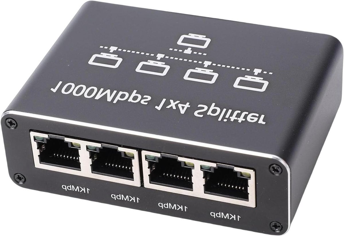 Ethernet Splitter - Netwerkverdeler Gigabit - Internet Verdelen - Aluminium Legering - 1 Tot 4 Poorten - Zilver