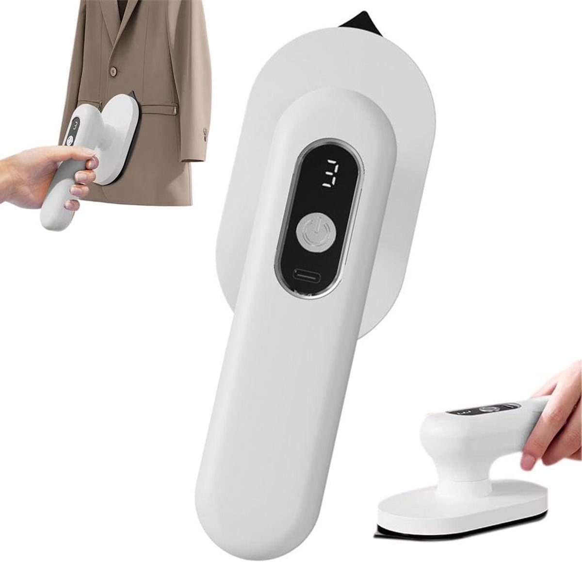 Draadloos mini strijkijzer en kledingstomer – draagbaar reisstrijkijzer voor kleding, USB oplaadbaar, keramische zool, 3 warmtestanden met LED display – wit