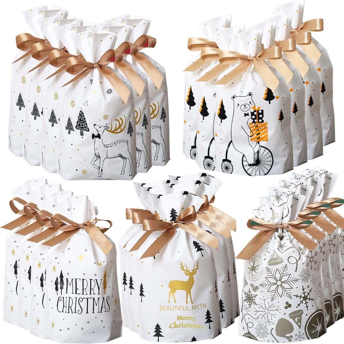 Dailygoods- Cadeauzakjes 50 stuks - Kerstcadeauzakjes - Snoepzakjes - Cadeautasjes met trekkoord - Feestsnoepverpakking - Praktisch design