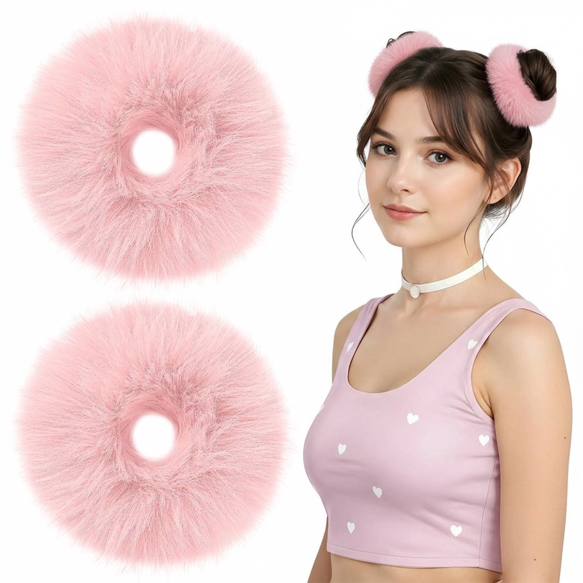Dailygoods- Haarelastiekjes 2 Stuks - Pluche Scrunchie - Lichtroze - Elastisch - Zacht - Rekbaar tot 13 cm - Haarbanden