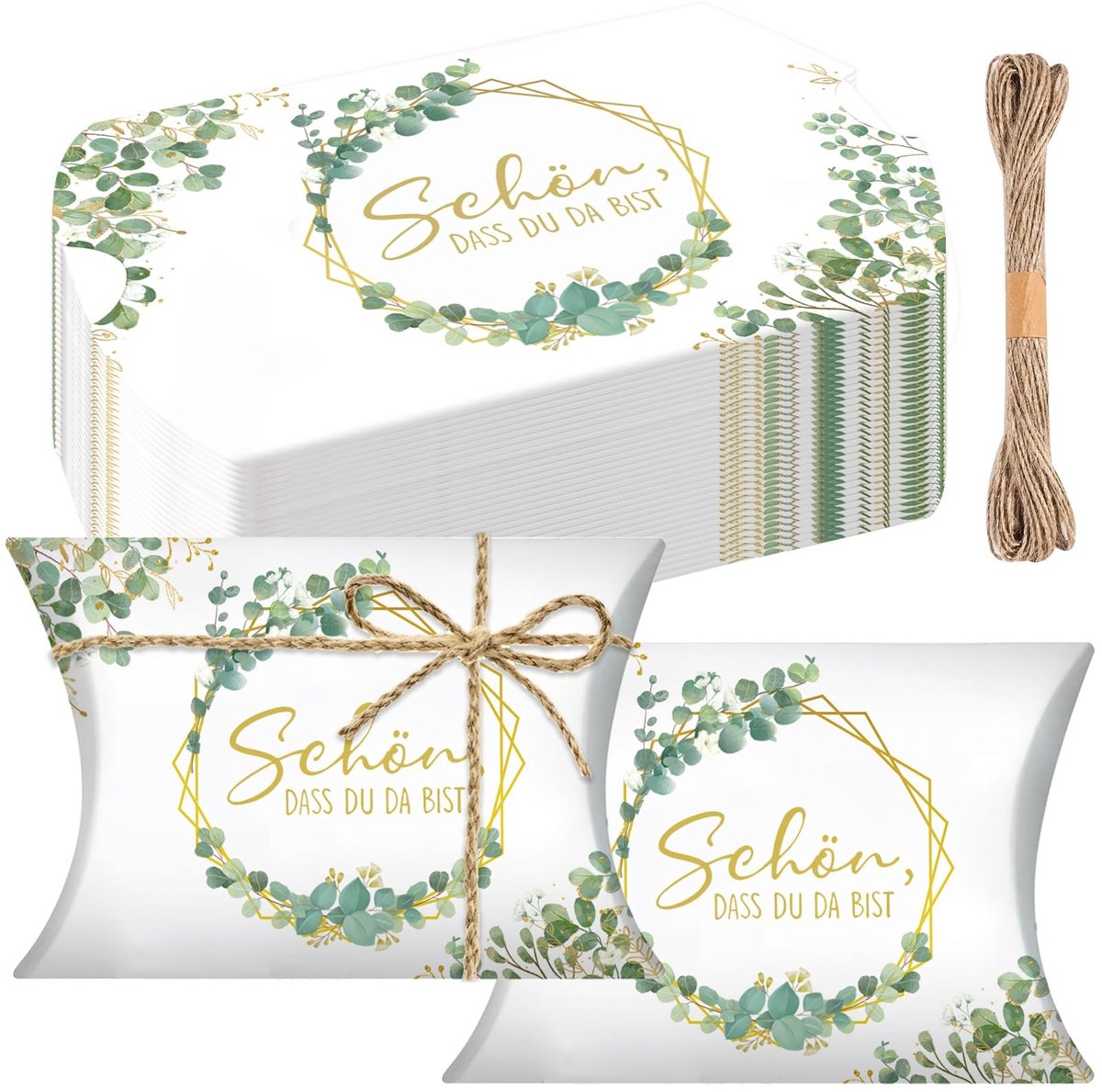 Dailygoods- Geschenkdoosjes 50 stuks - Eucalyptus-design - Bonbondoos - Cadeauverpakking - Huwelijksgeschenken - Jute koord - Hoogwaardig karton