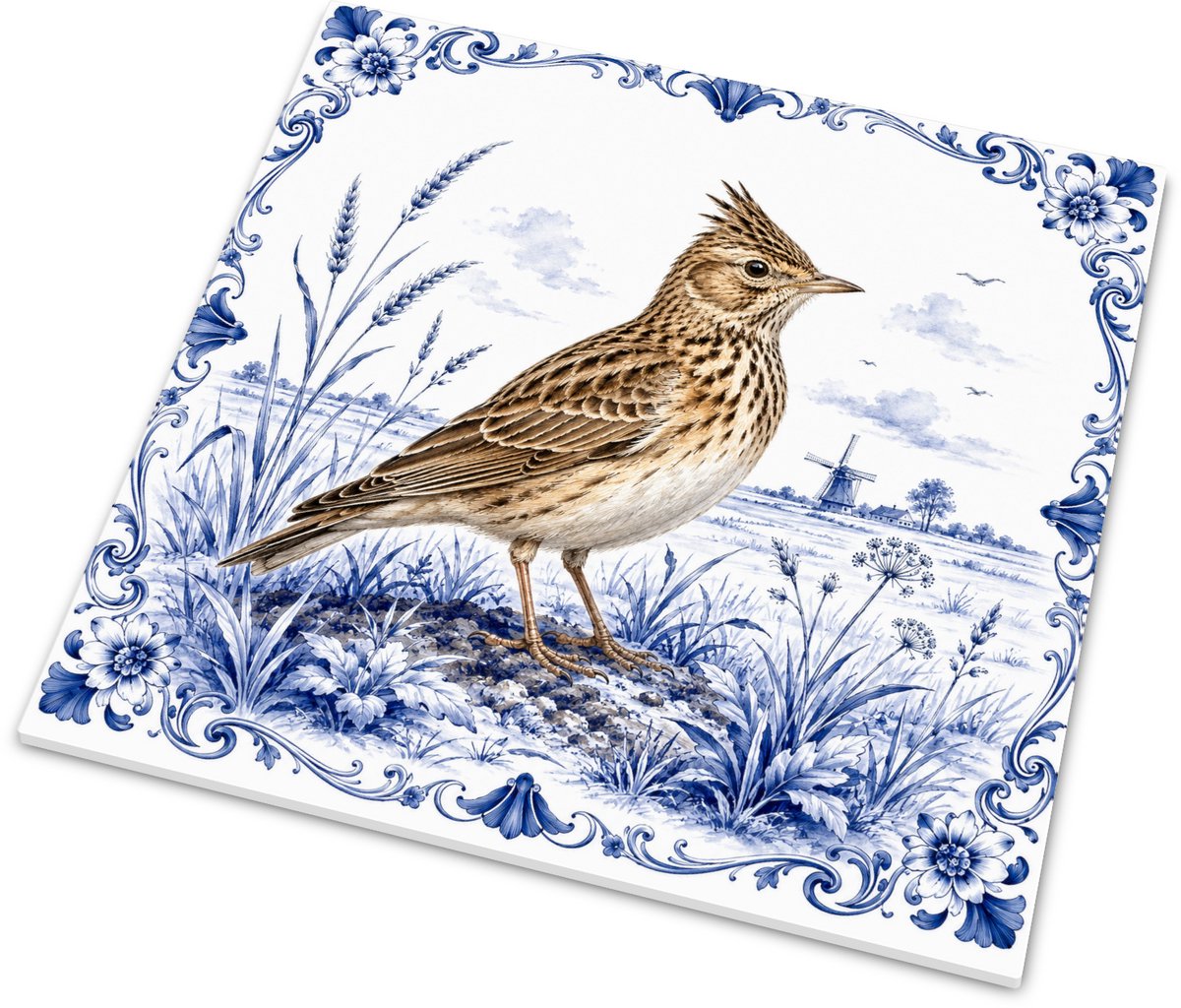 Delft Blue Series - Tegeltje met Veldleeuwerik (Alauda arvensis) in de Polder - Aquarel Ku