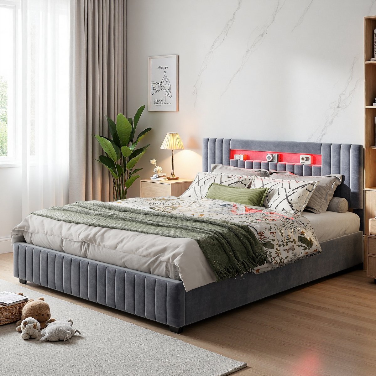 ROSAHQNDA Gestoffeerd hydraulisch bed van 140 x 200 cm met ledverlichting, opbergruimte en hoofdbord, fluwelen stof, grijs